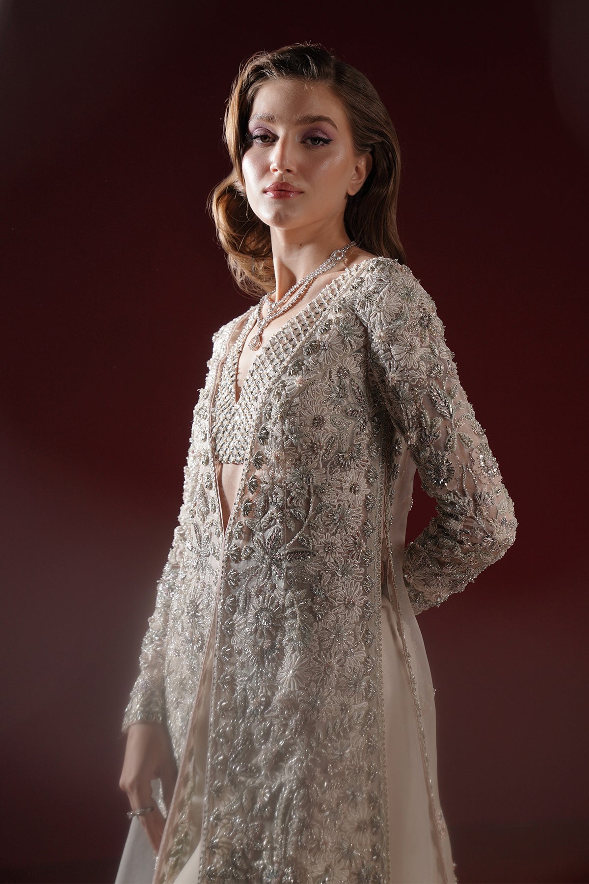 Pakistani Soft White Silver Threadwork Net Long Jacket (3-Piece) - Image 6