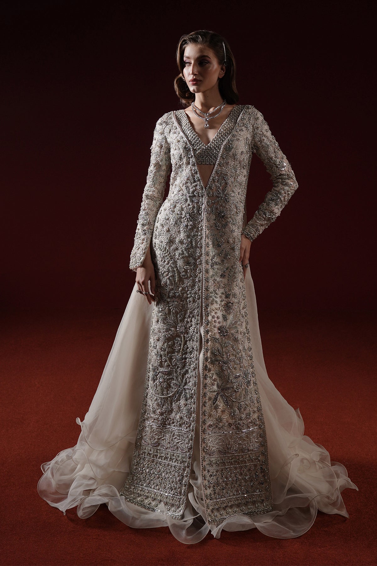 Pakistani Soft White Silver Threadwork Net Long Jacket (3-Piece) - Image 7