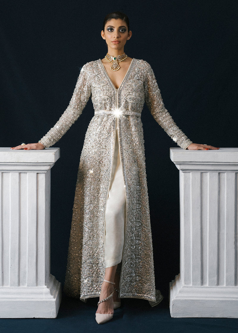 Pakistani White Hand-Embellished Organza Jacket with Satin Slip (2-Piece) - Image 1