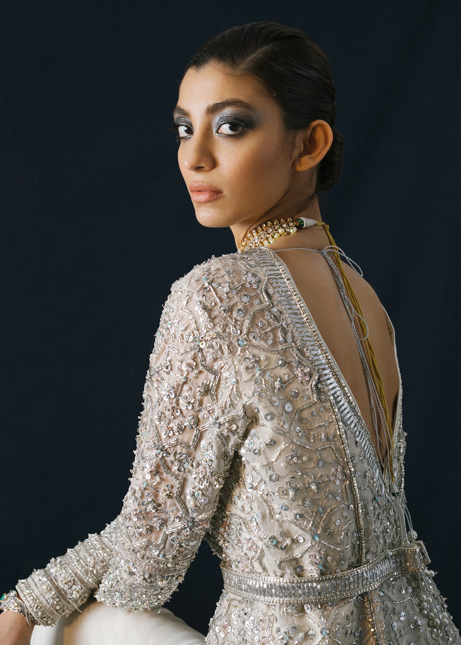 Pakistani White Hand-Embellished Organza Jacket with Satin Slip (2-Piece) - Image 3