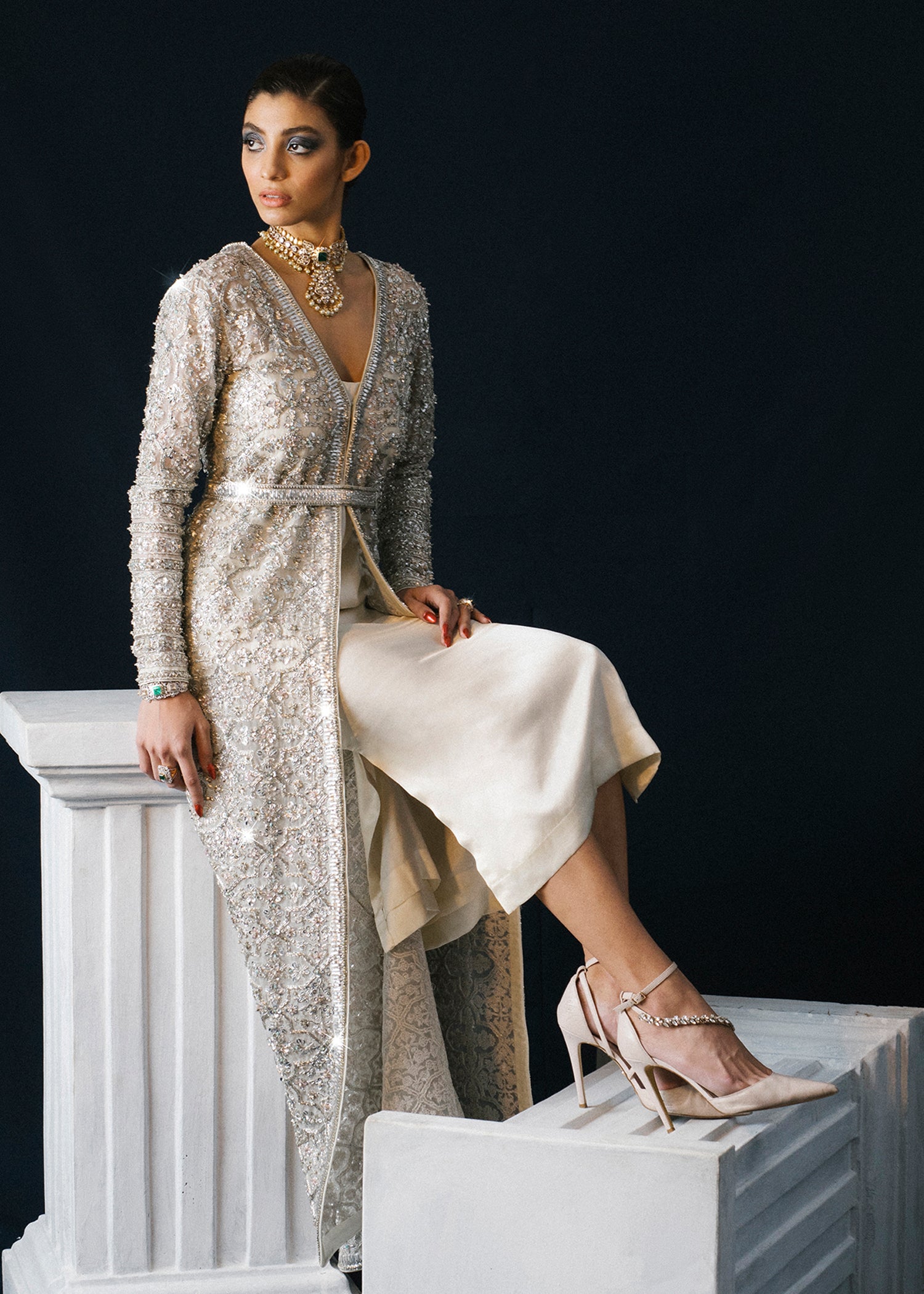 Pakistani White Hand-Embellished Organza Jacket with Satin Slip (2-Piece) - Image 4