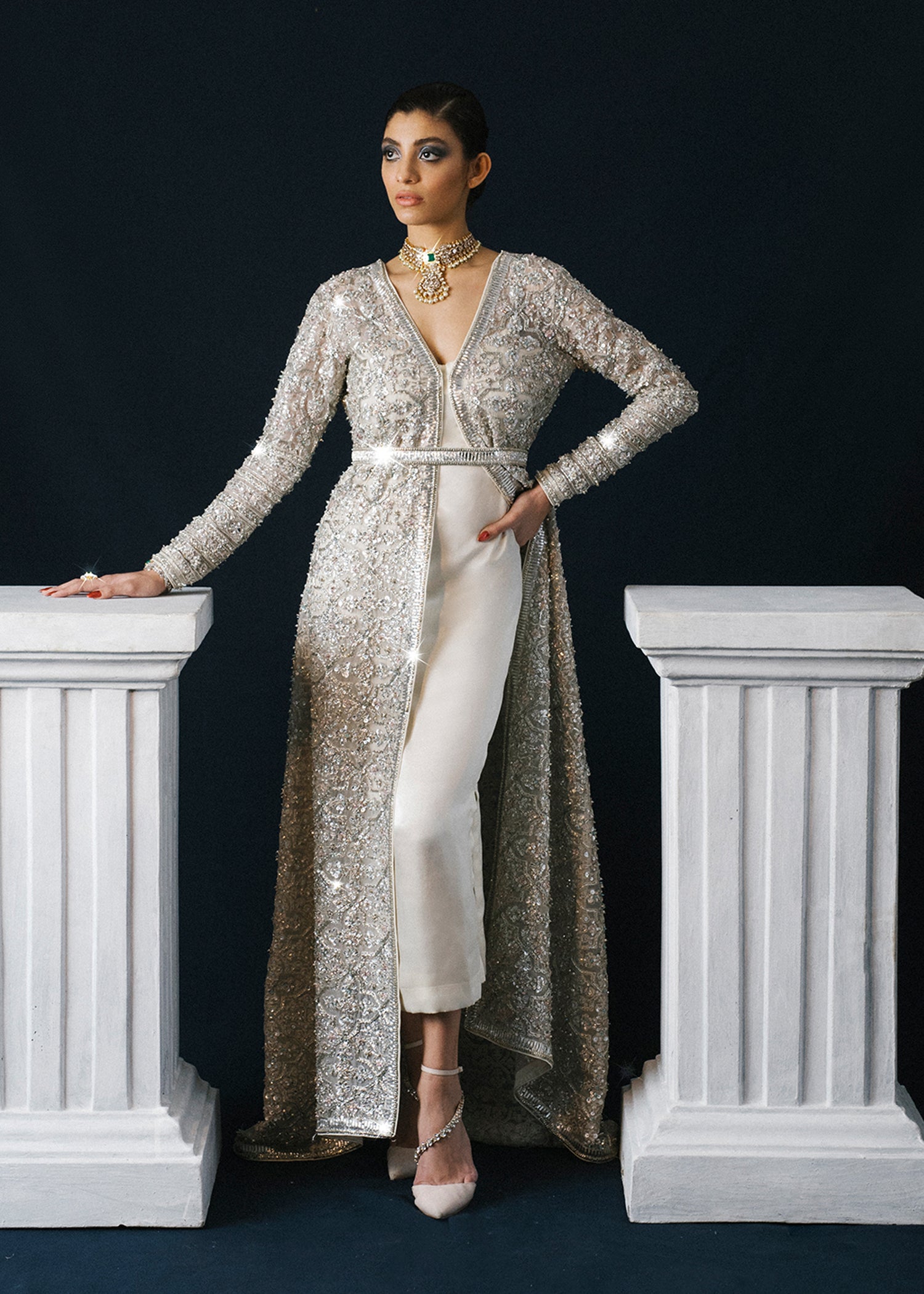 Pakistani White Hand-Embellished Organza Jacket with Satin Slip (2-Piece) - Image 5