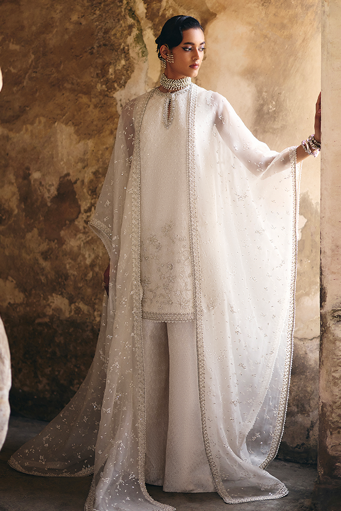 Pakistani White Embroidered Silk Cape Outfit (3-Piece) - Image 1
