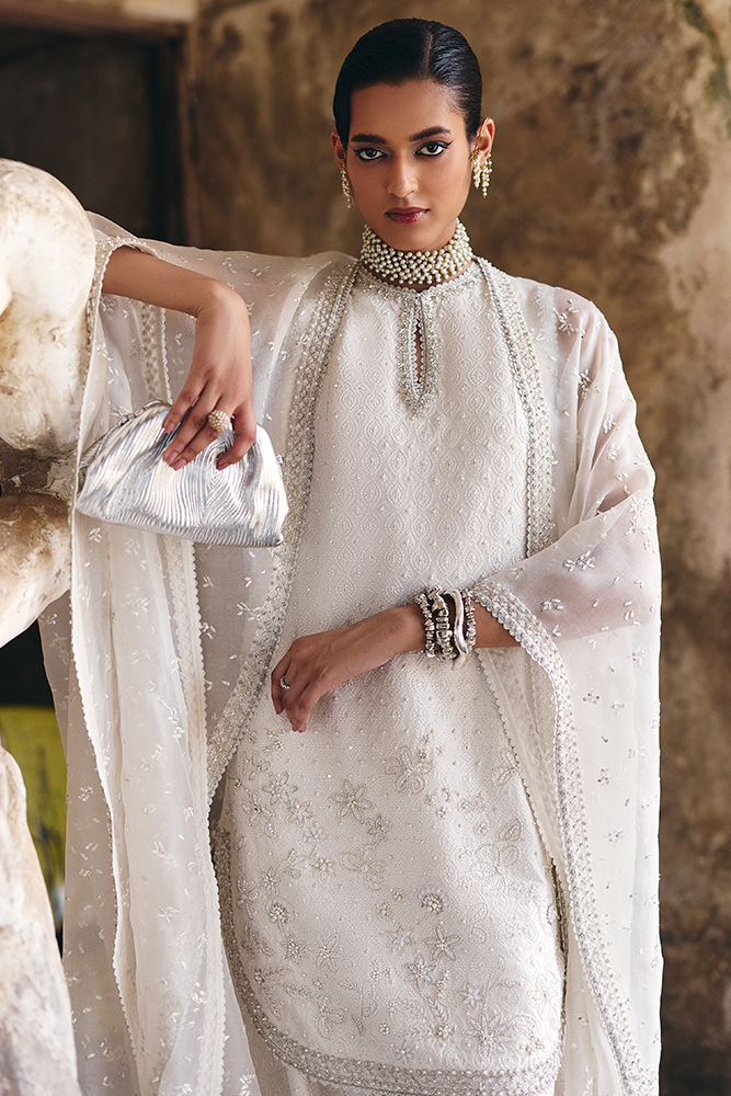 Pakistani White Embroidered Silk Cape Outfit (3-Piece) - Image 3