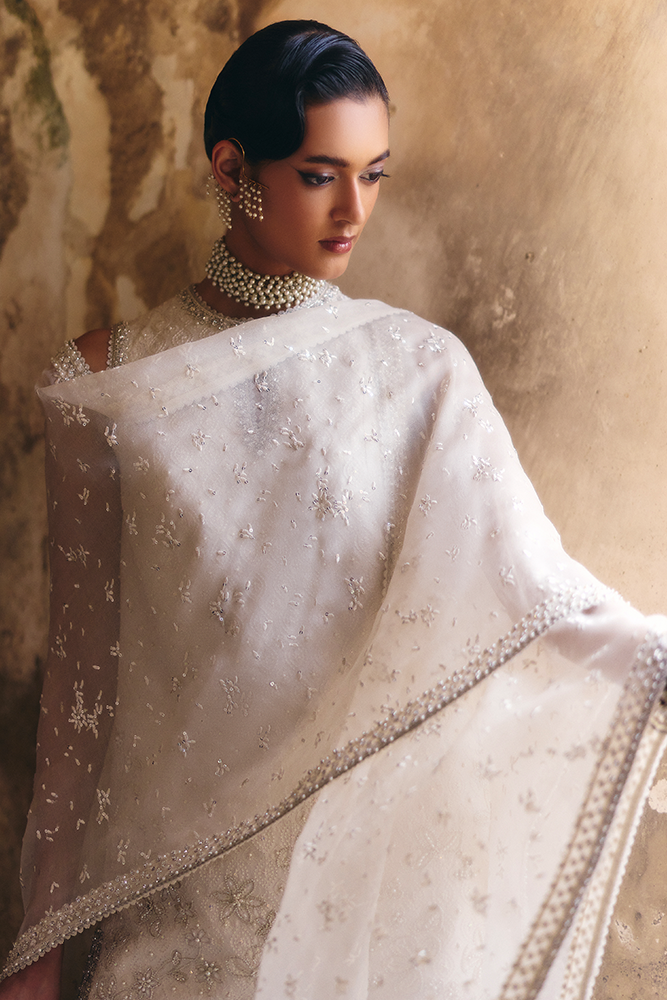 Pakistani White Embroidered Silk Cape Outfit (3-Piece) - Image 5