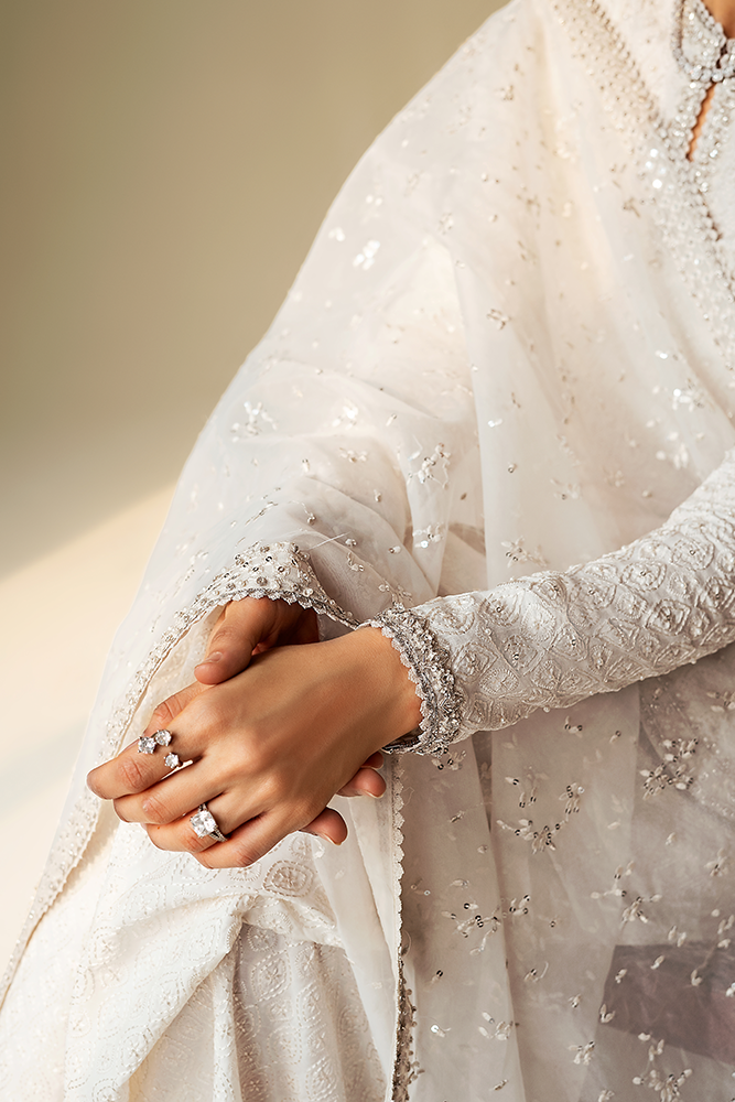 Pakistani White Embroidered Silk Cape Outfit (3-Piece) - Image 7