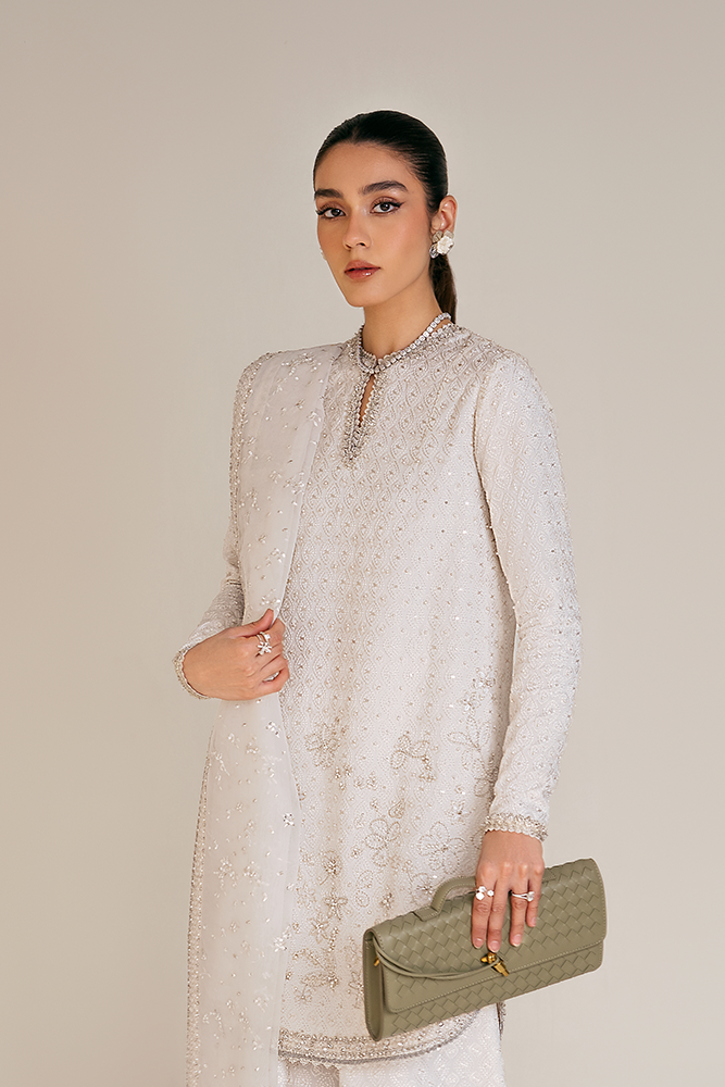 Pakistani White Embroidered Silk Cape Outfit (3-Piece) - Image 8