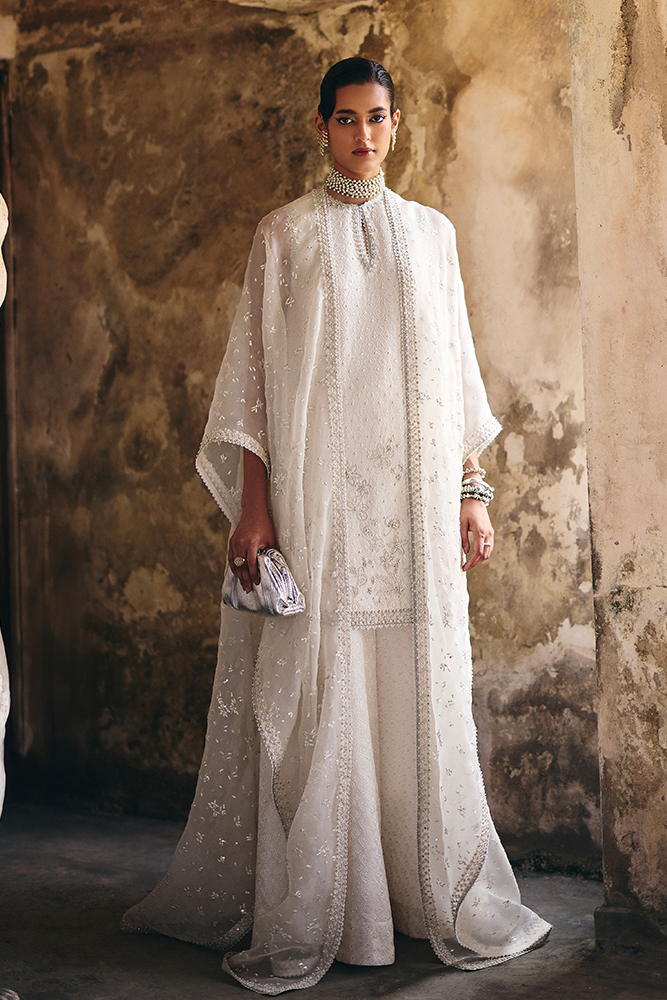 Pakistani White Embroidered Silk Cape Outfit (3-Piece) - Image 9