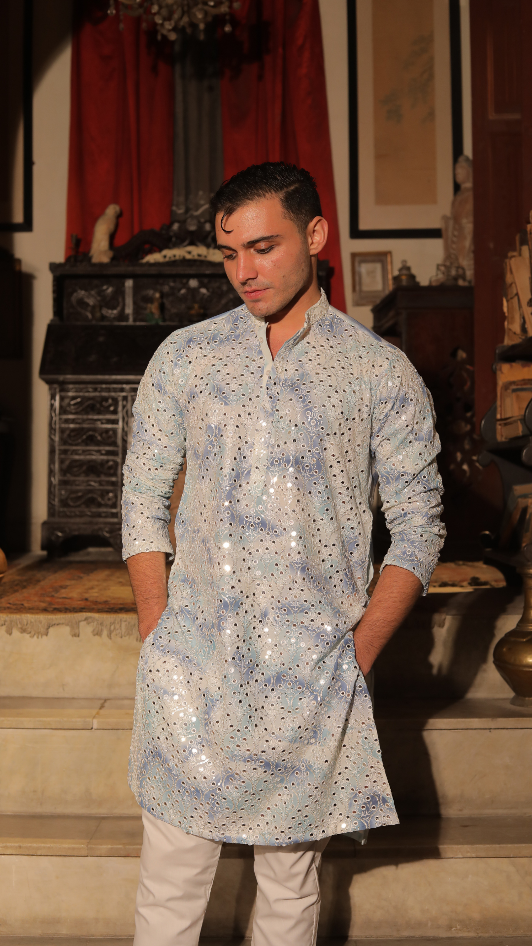 White and Blue Embroidered Chanderi Kurta (2-Piece) - Image 1