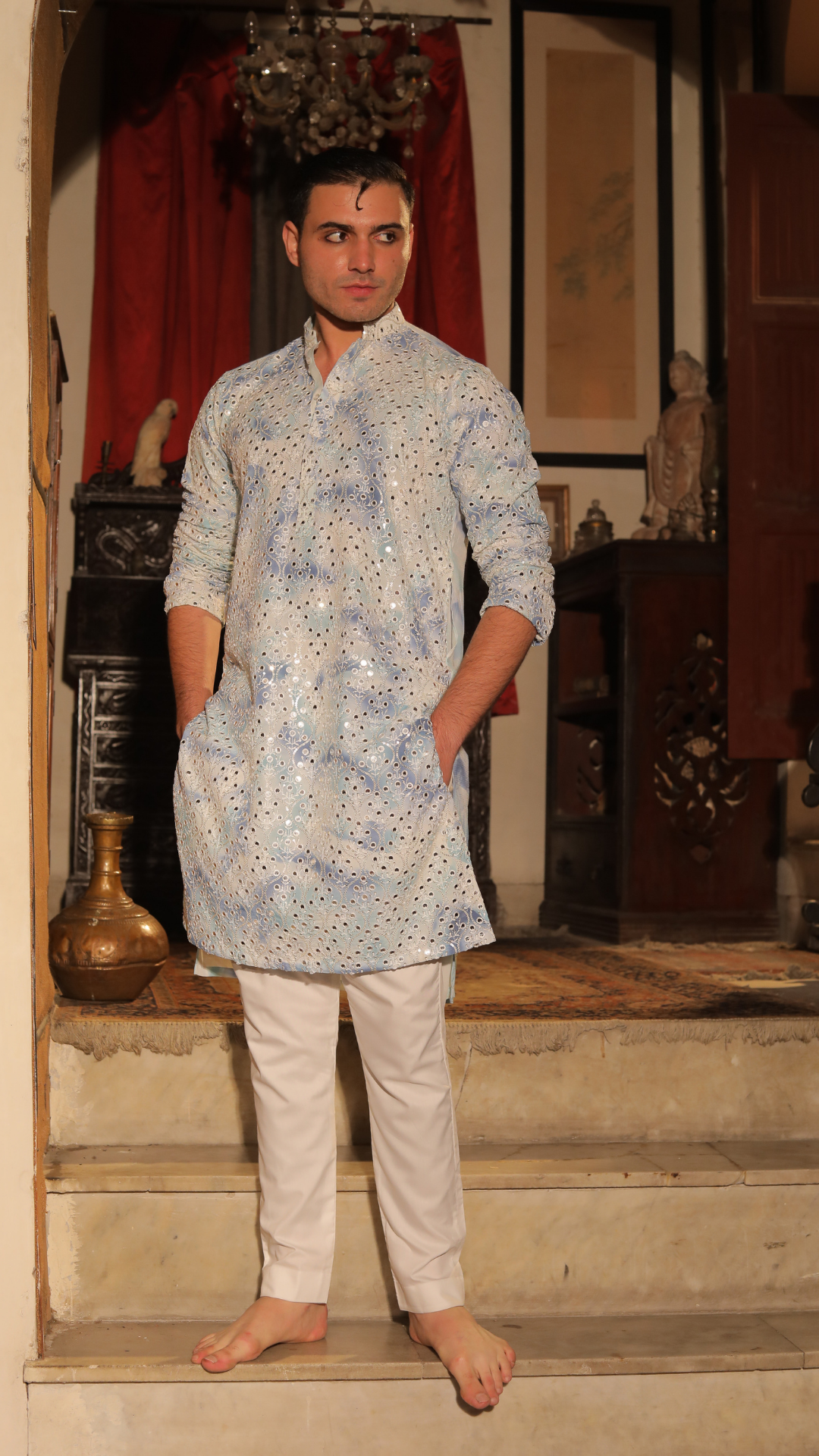 White and Blue Embroidered Chanderi Kurta (2-Piece) - Image 3