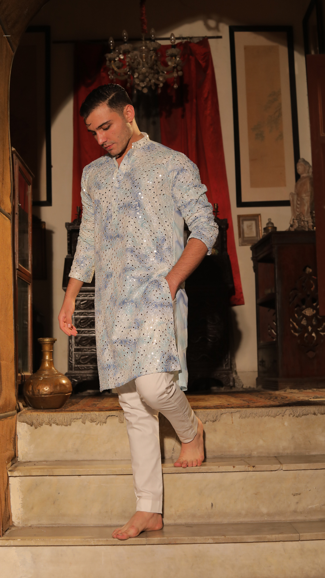 White and Blue Embroidered Chanderi Kurta (2-Piece) - Image 4