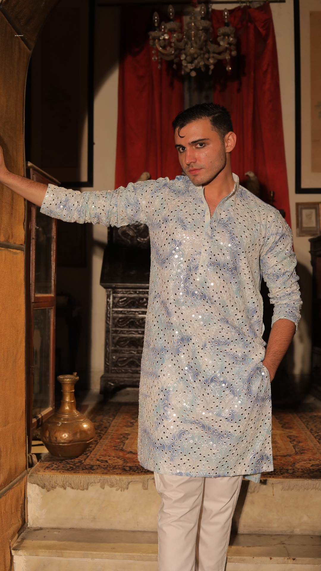 White and Blue Embroidered Chanderi Kurta (2-Piece) - Image 5