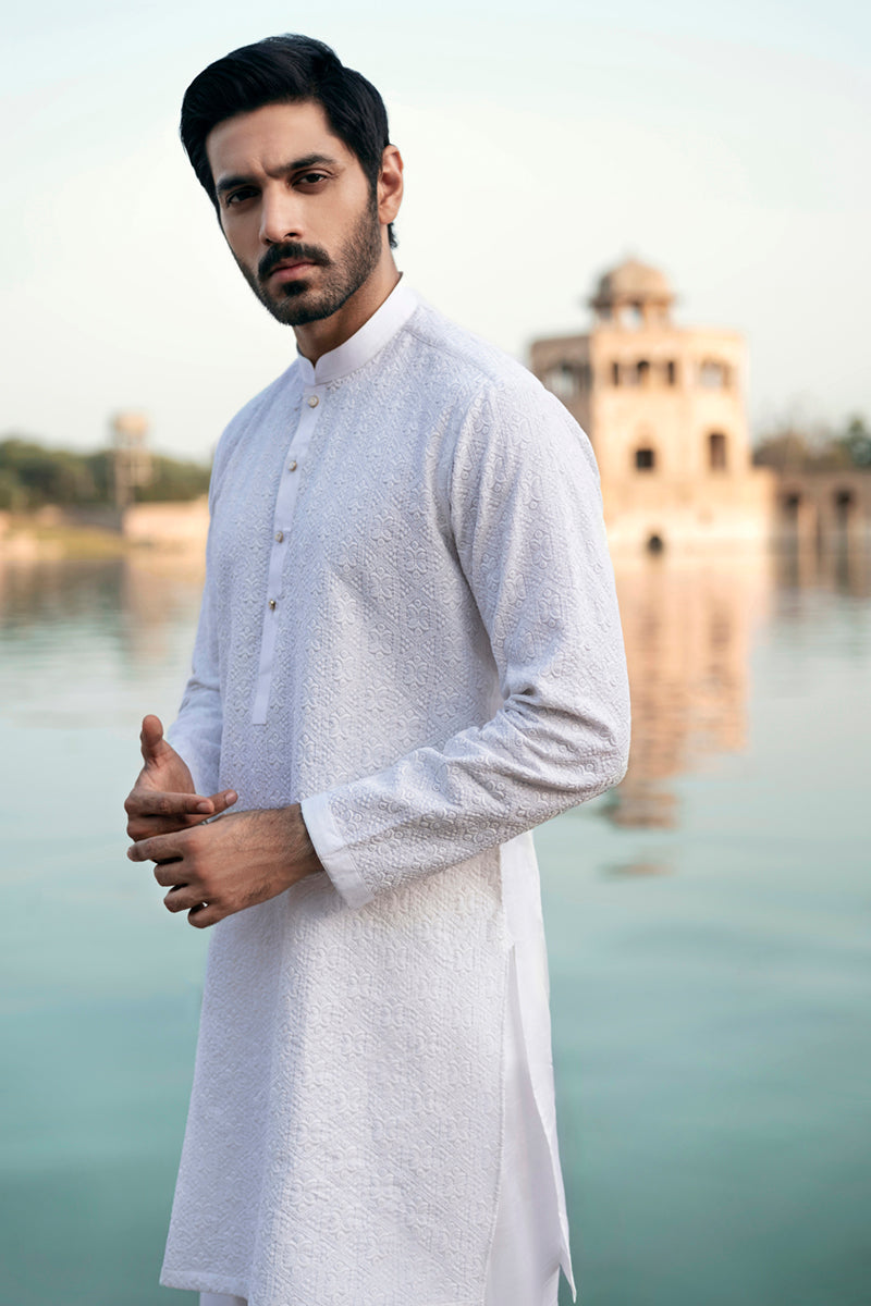 White Chickankari Cotton Kurta Set (2-Piece) - Image 1