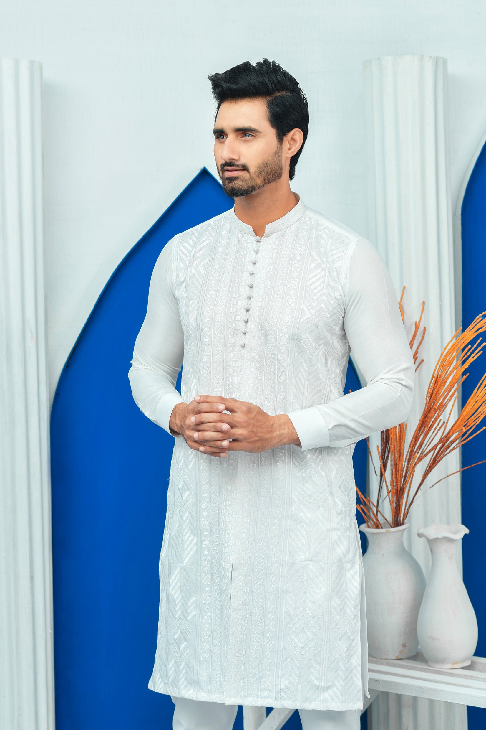 White Chikan Kari Cotton Kurta Pajama (2-Piece) - Image 1