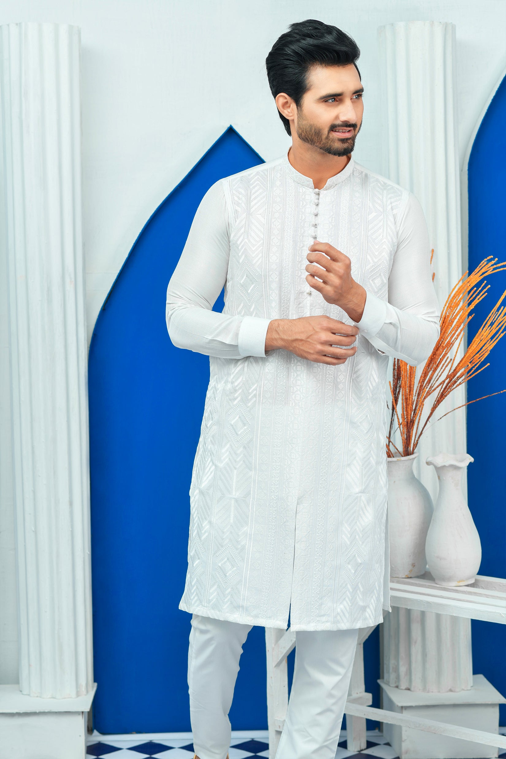 White Chikan Kari Cotton Kurta Pajama (2-Piece) - Image 2