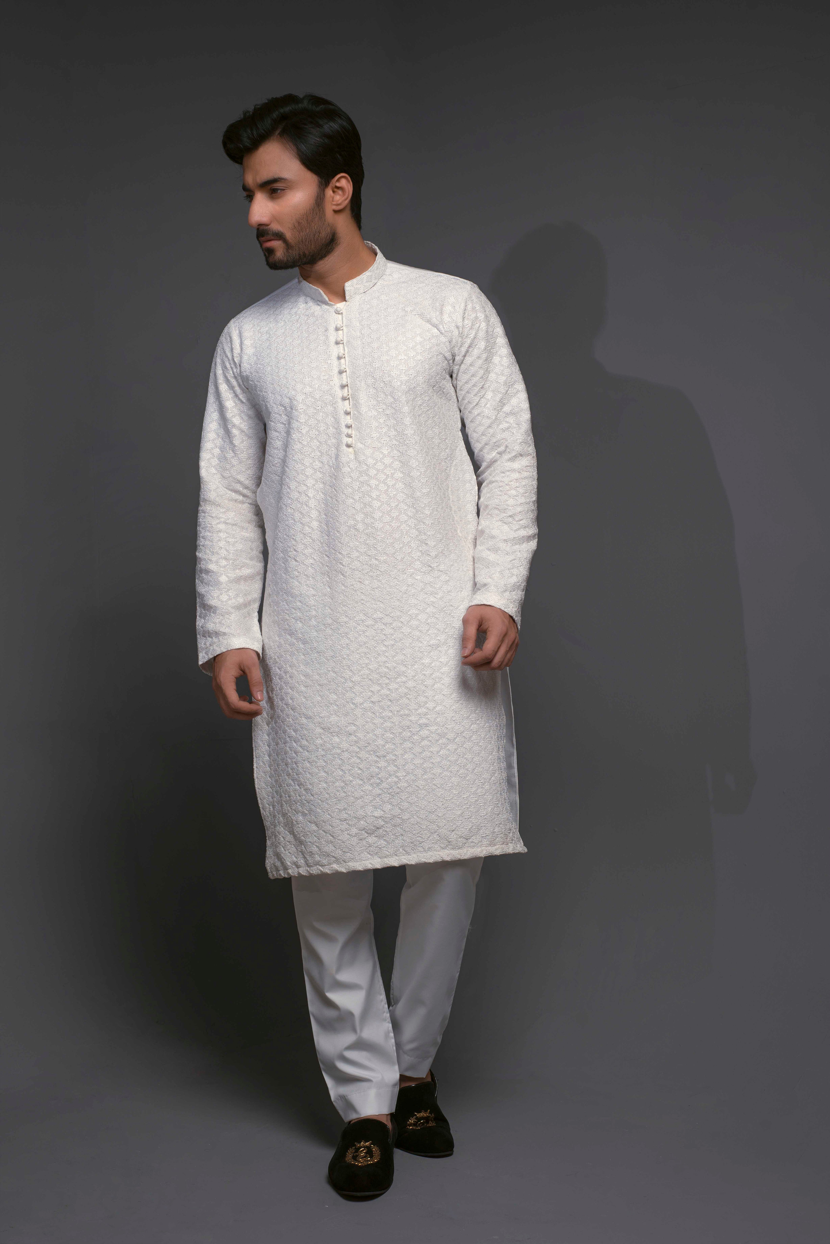 White Chikankari Embroidered Cotton Kurta Pajama (2-Piece) - Image 2