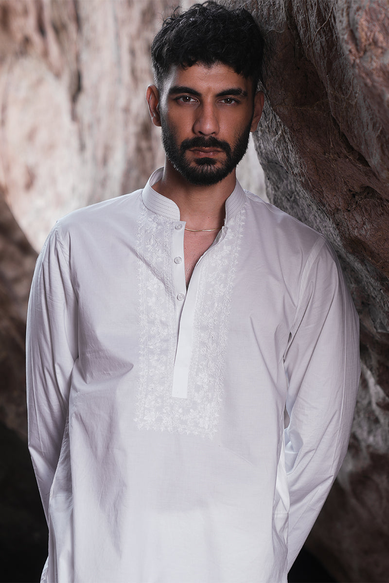 White Embroidered Pure Cotton Kurta Pajama (2-Piece) - Image 11
