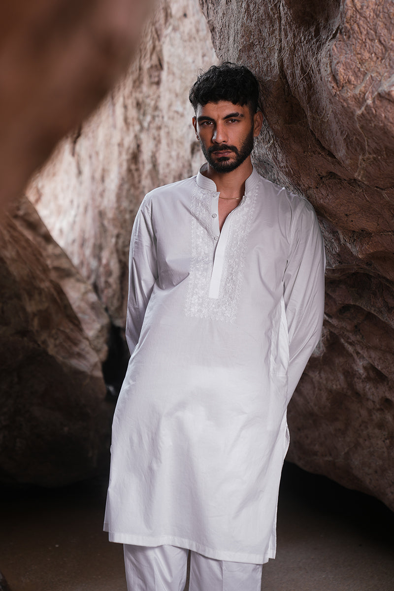 White Embroidered Pure Cotton Kurta Pajama (2-Piece) - Image 12