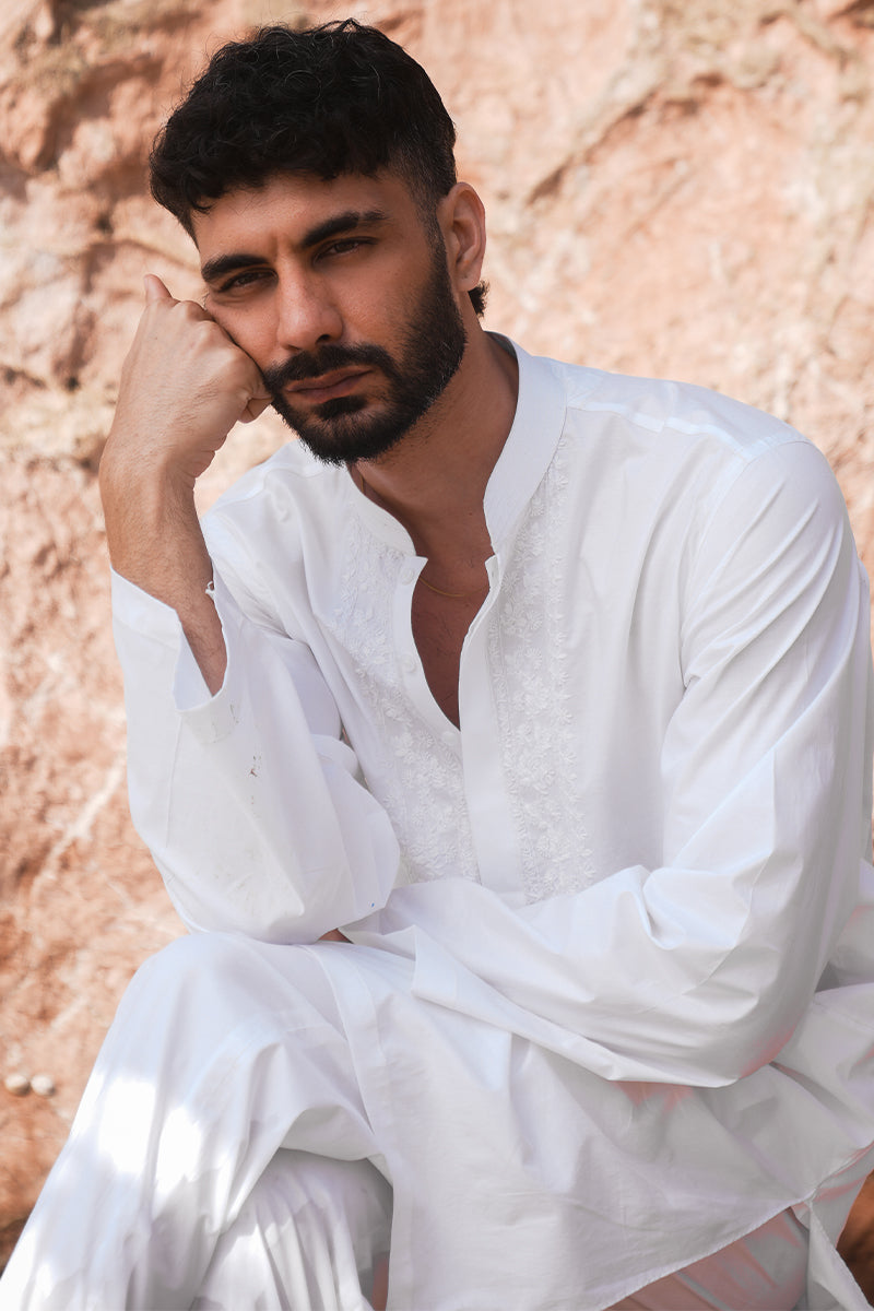 White Embroidered Pure Cotton Kurta Pajama (2-Piece) - Image 8