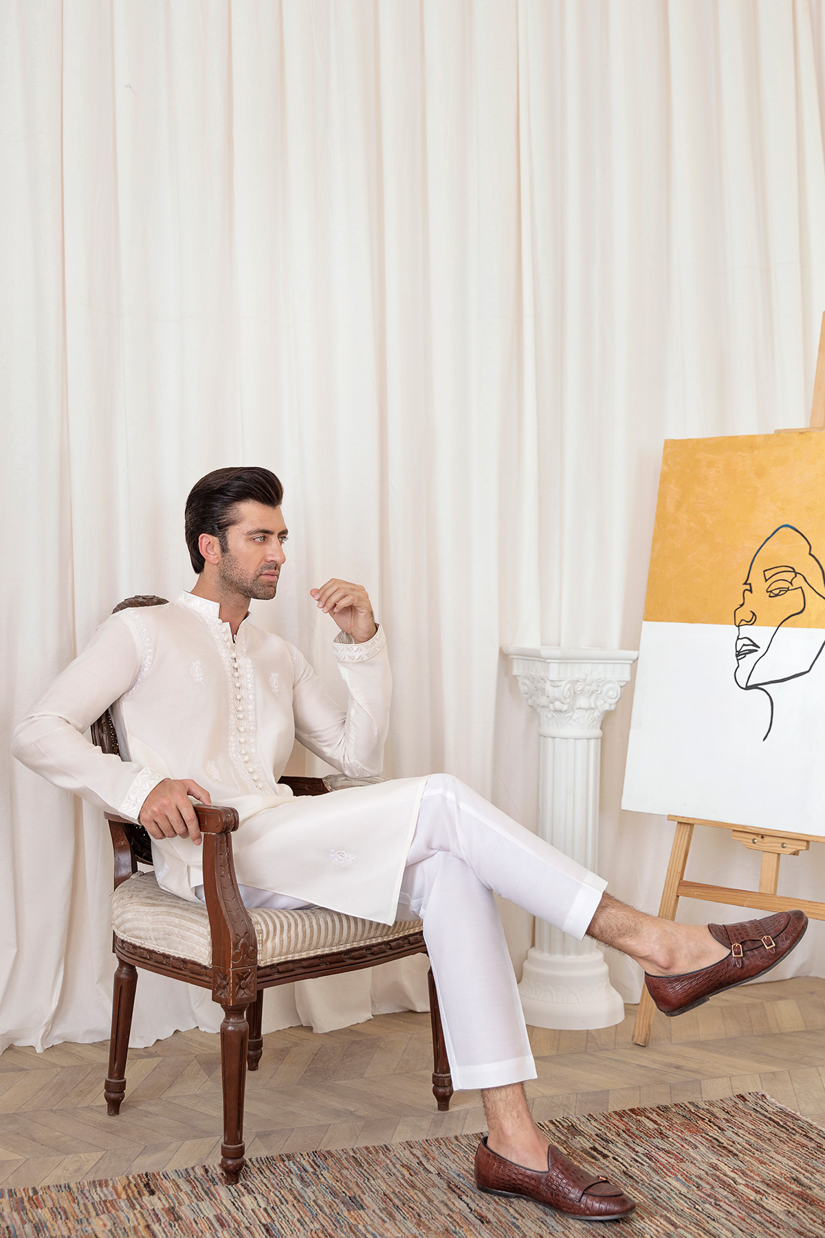 White Resham Embroidered Pure Cotton Kurta (2-Piece) - Image 4