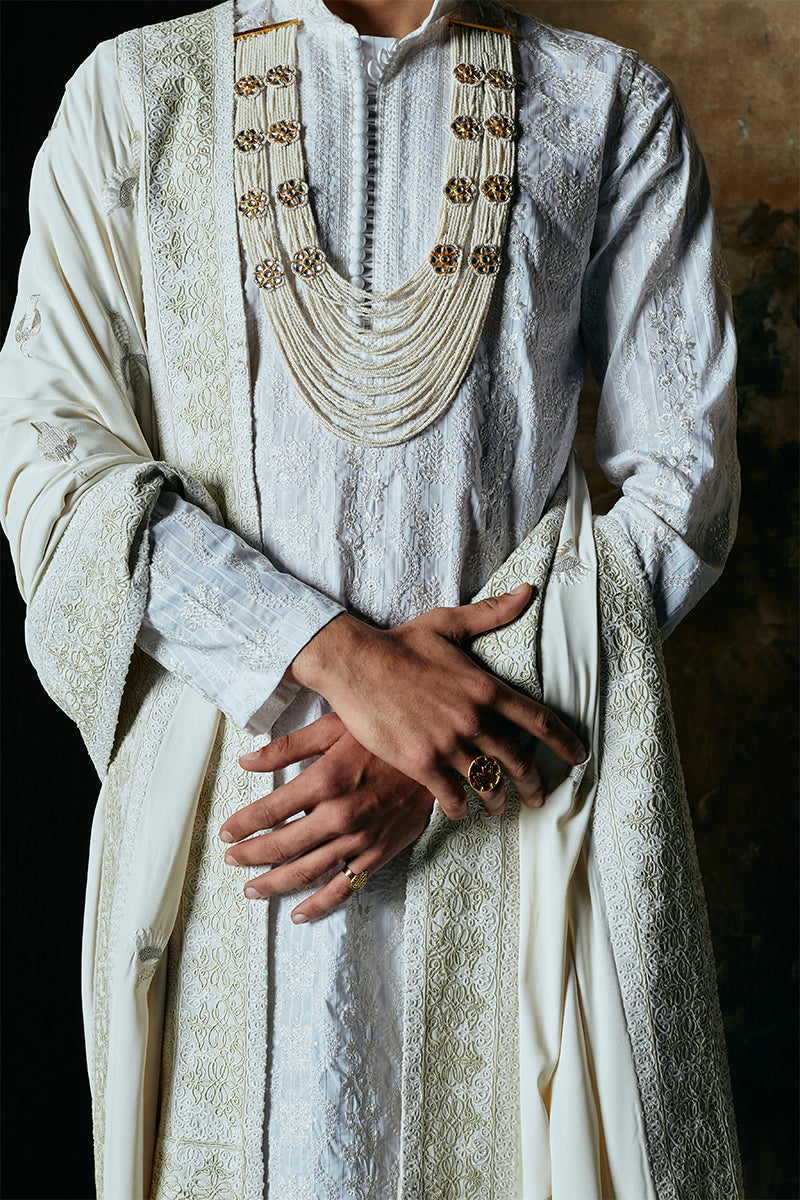 Chalk White Embroidered Cotton Satin Kurta Pajama (3-Piece) - Image 3