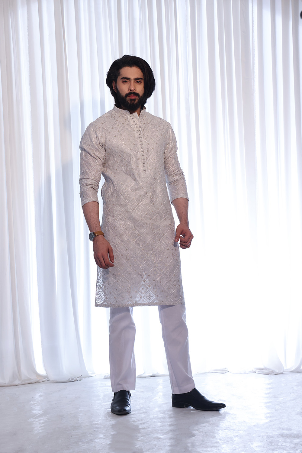 Feather White Embroidered Cotton-Silk Kurta (2-Piece) - Image 1
