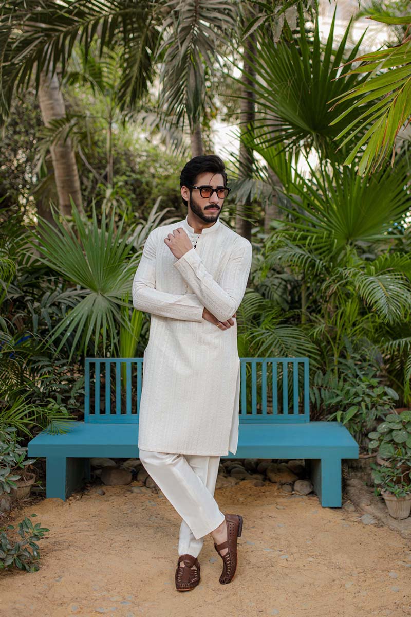 White Tonal Embroidered Cotton-Silk Kurta Set (2-Piece) - Image 1