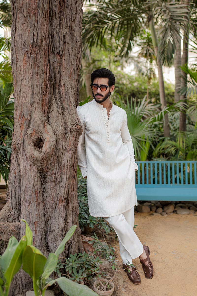 White Tonal Embroidered Cotton-Silk Kurta Set (2-Piece) - Image 2