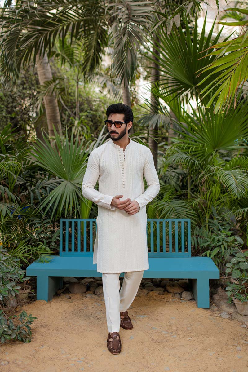 White Tonal Embroidered Cotton-Silk Kurta Set (2-Piece) - Image 3