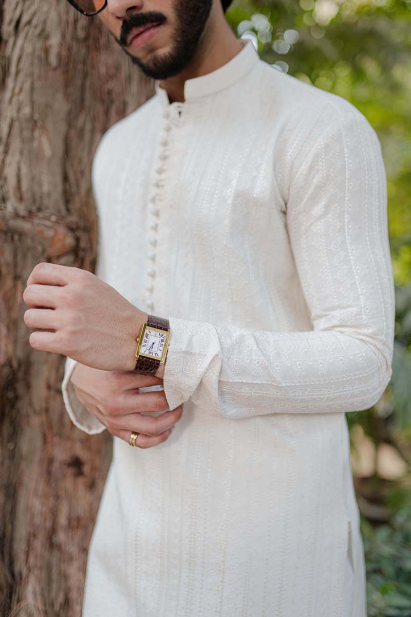 White Tonal Embroidered Cotton-Silk Kurta Set (2-Piece) - Image 4