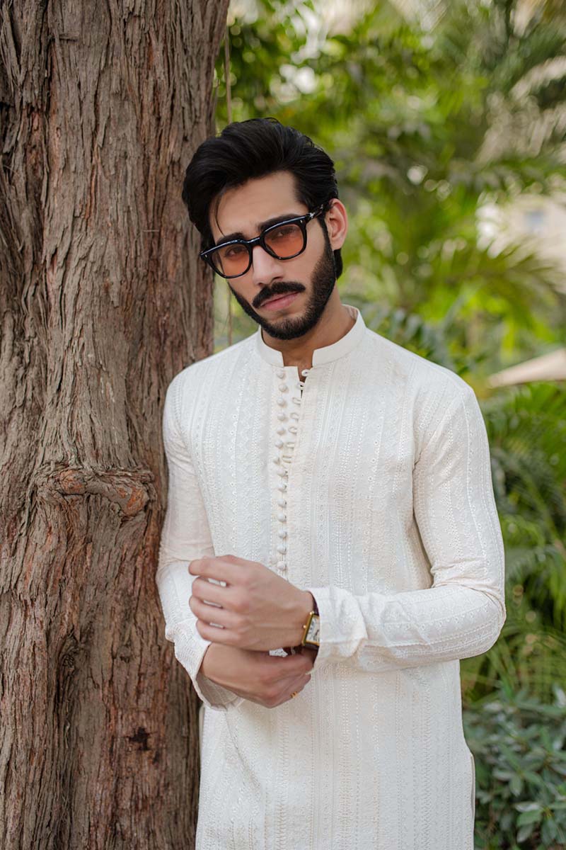 White Tonal Embroidered Cotton-Silk Kurta Set (2-Piece) - Image 5