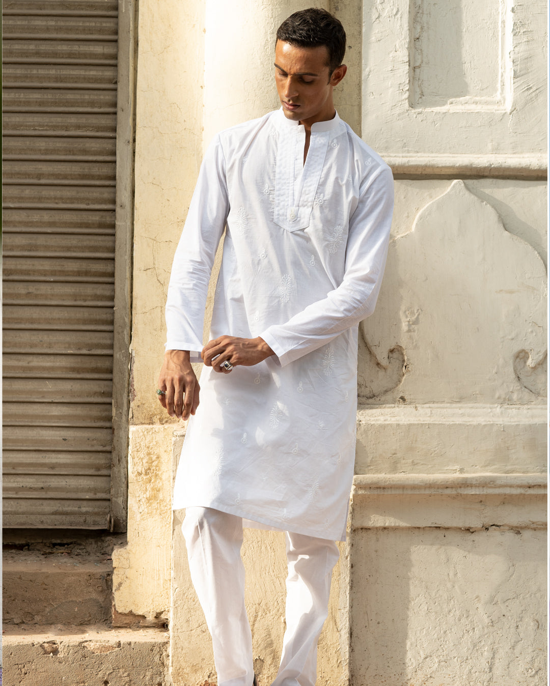 White Embroidered Cotton Kurta Set (2-Piece) - Image 1