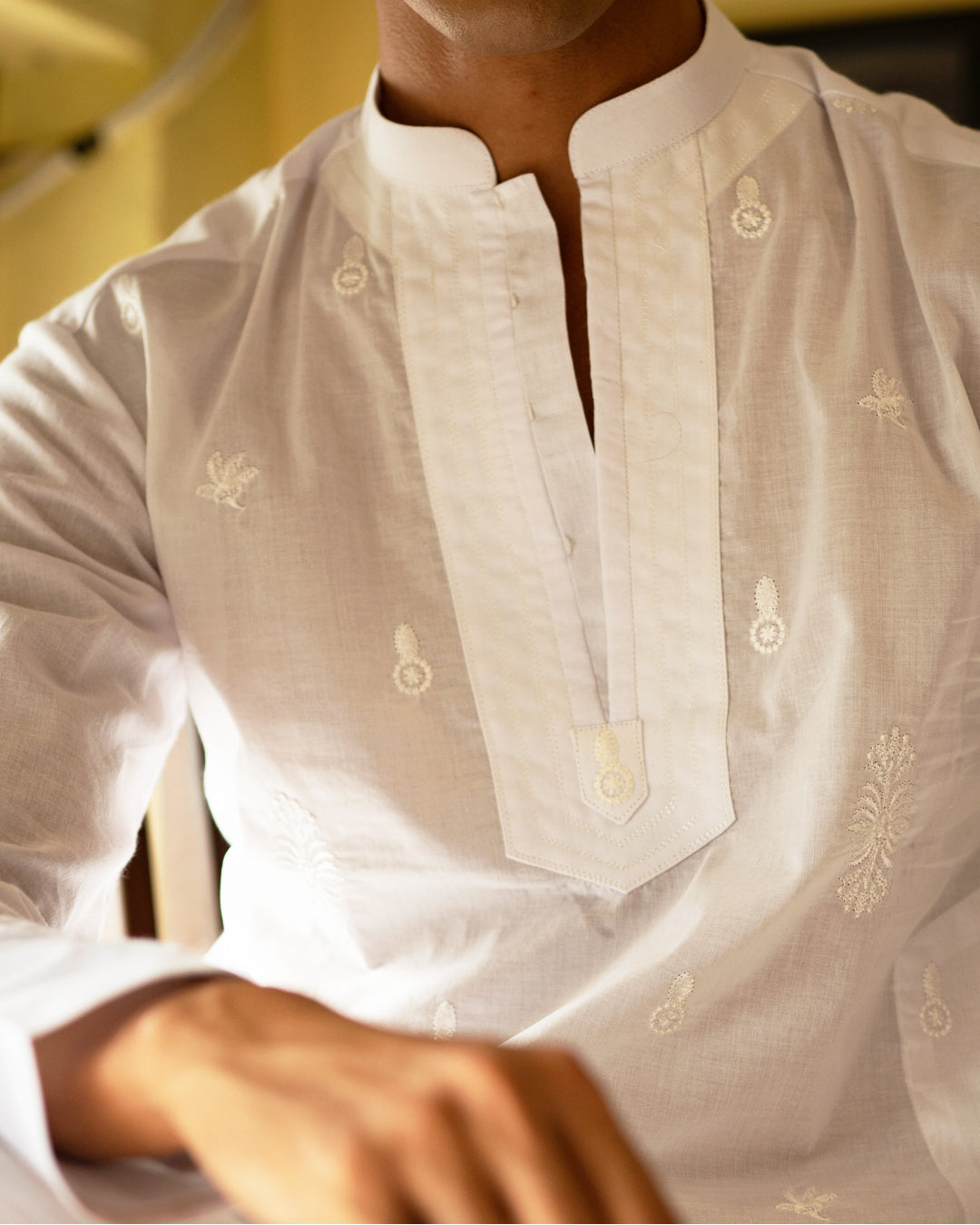 White Embroidered Cotton Kurta Set (2-Piece) - Image 3