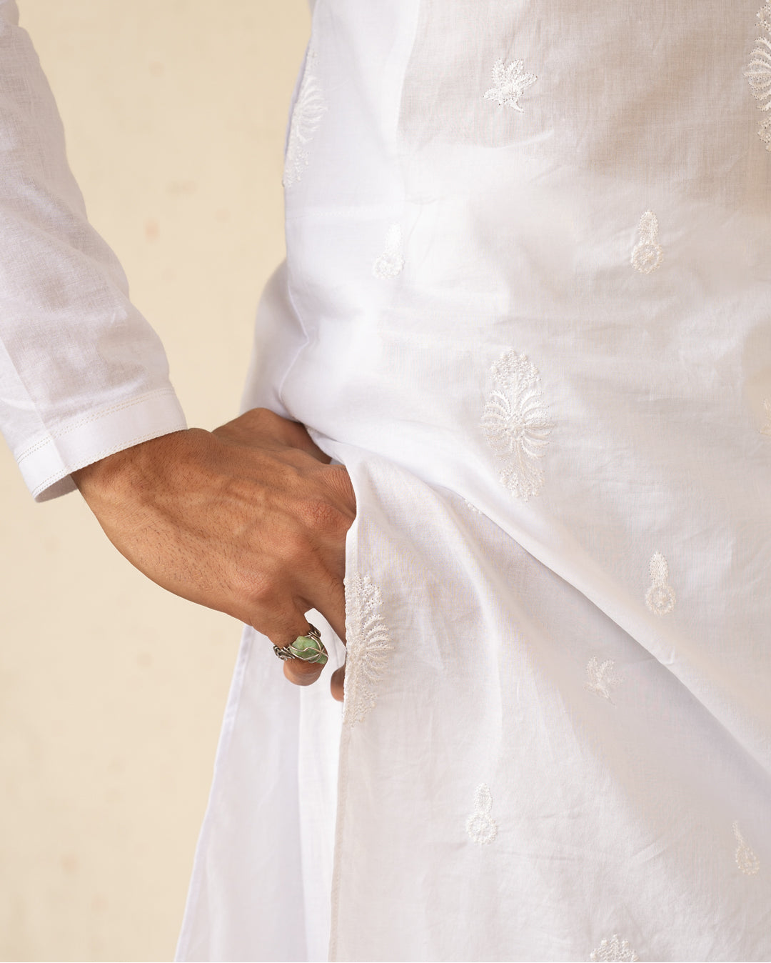 White Embroidered Cotton Kurta Set (2-Piece) - Image 5