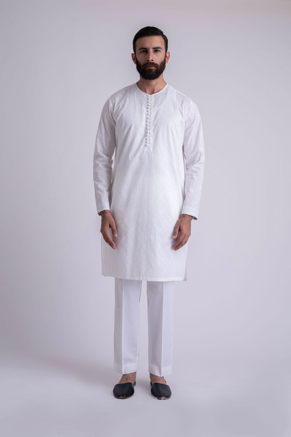 White Embroidered Cotton Kurta (2-Piece) - Image 1