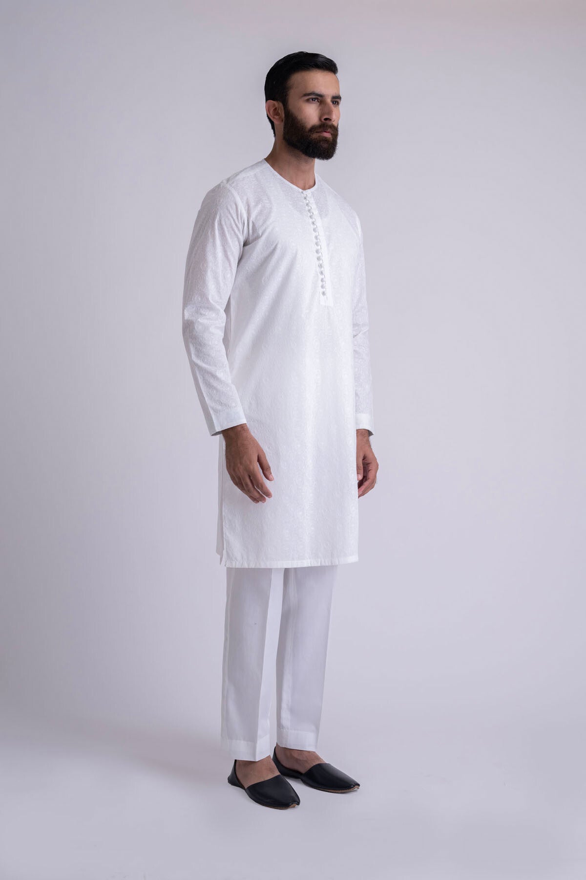 White Embroidered Cotton Kurta (2-Piece) - Image 3