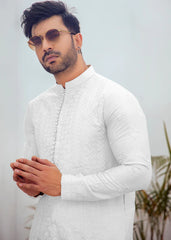 White Embroidered Cotton Kurta Pajama Set (2-Piece) - Image 2
