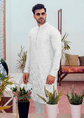 White Embroidered Cotton Kurta Pajama Set (2-Piece) - Image 3