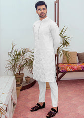 White Embroidered Cotton Kurta Pajama Set (2-Piece) - Image 4