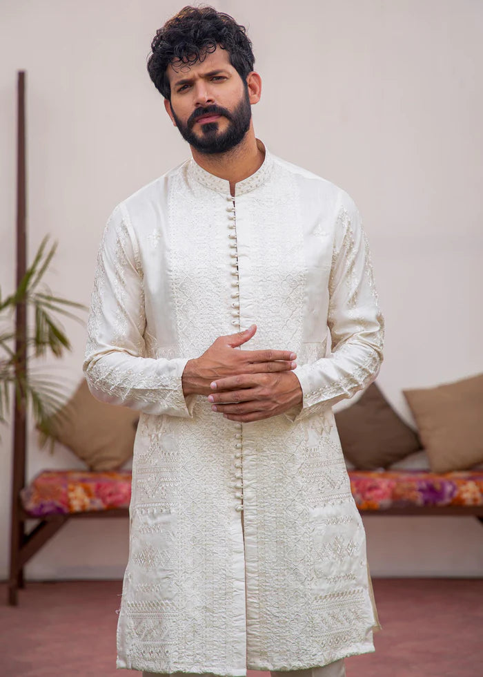 White Embroidered Cotton Sherwani Kurta Set (2-Piece) - Image 1
