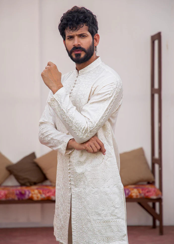 White Embroidered Cotton Sherwani Kurta Set (2-Piece) - Image 2