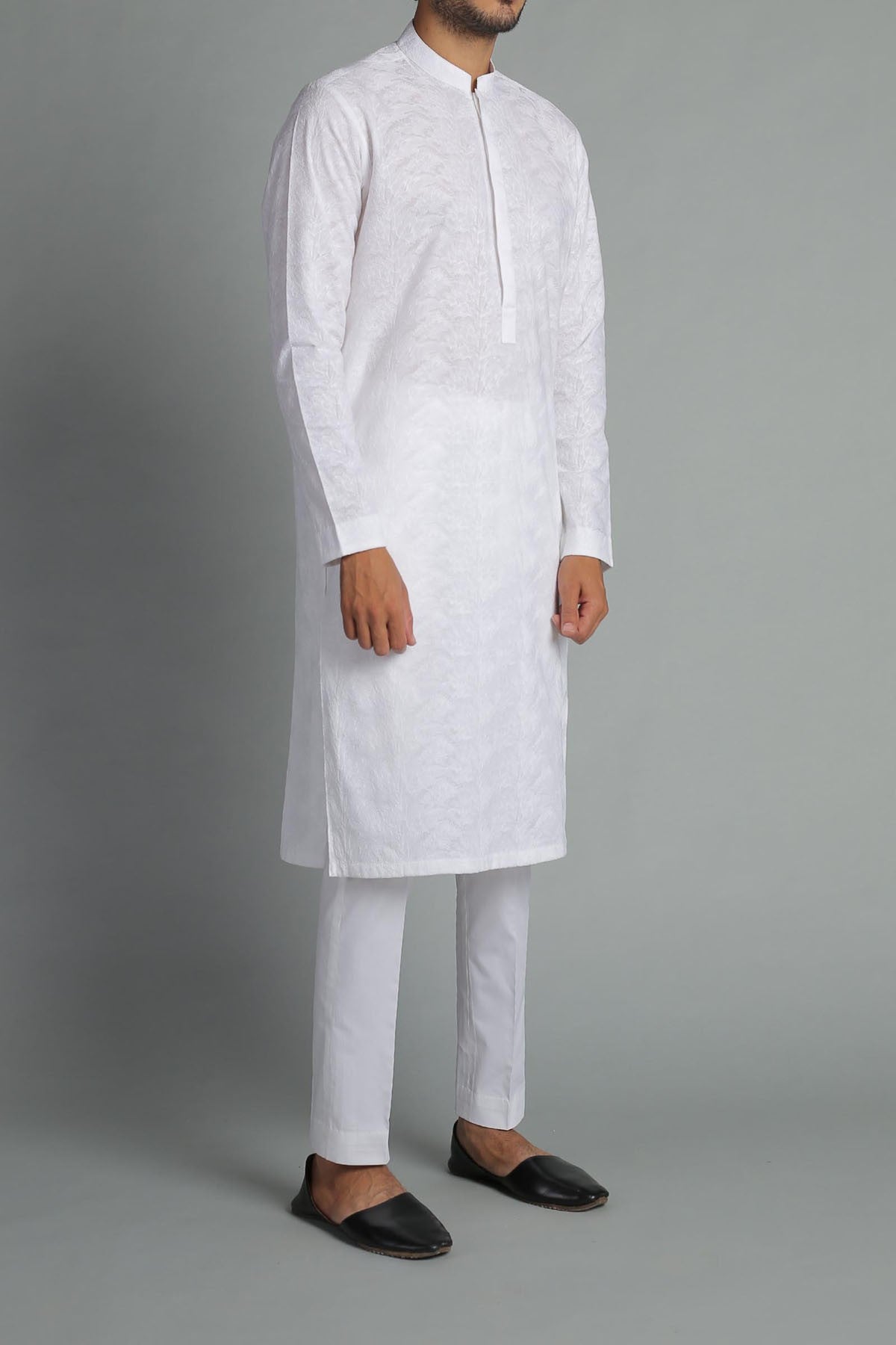White Embroidered Egyptian Cotton Kurta (2-Piece) - Image 3