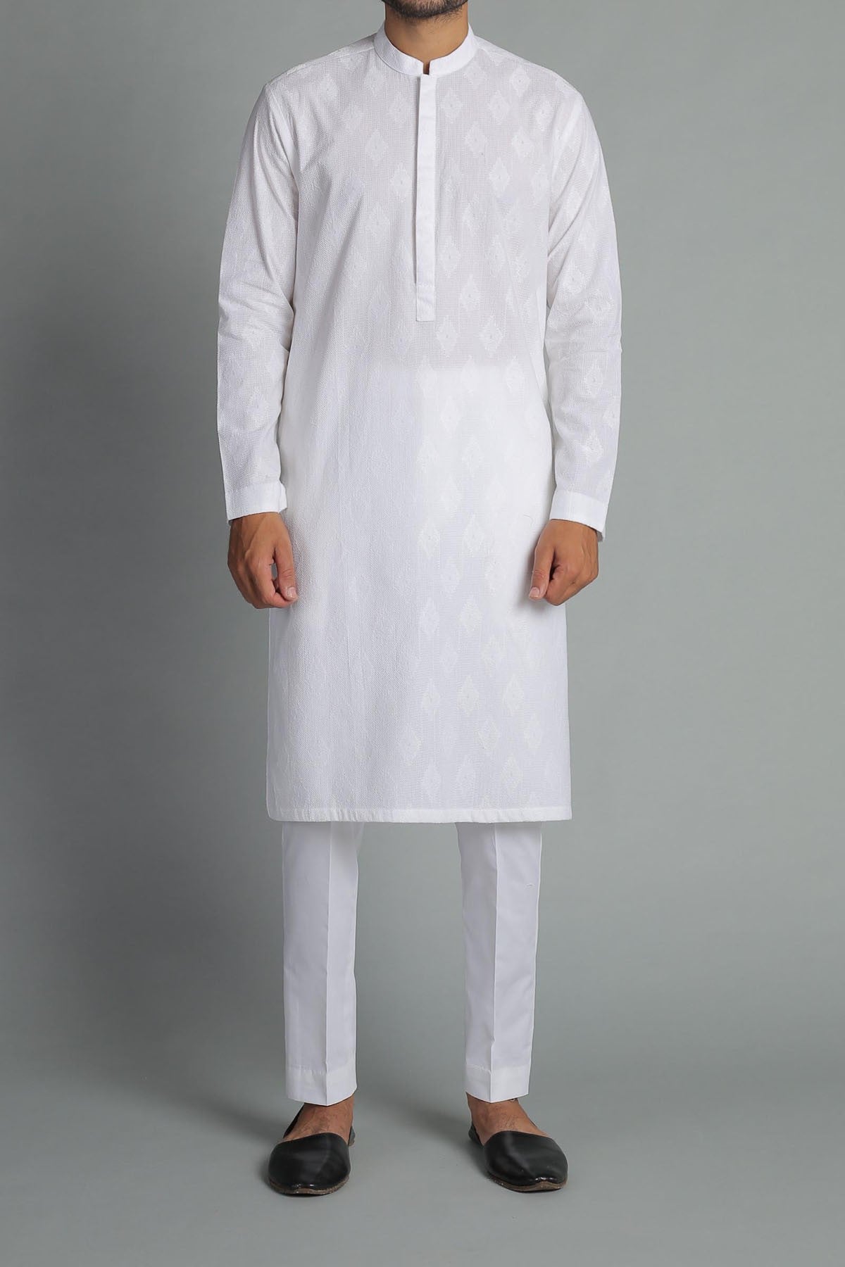 White Embroidered Egyptian Cotton Kurta (1-Pc) - Image 3