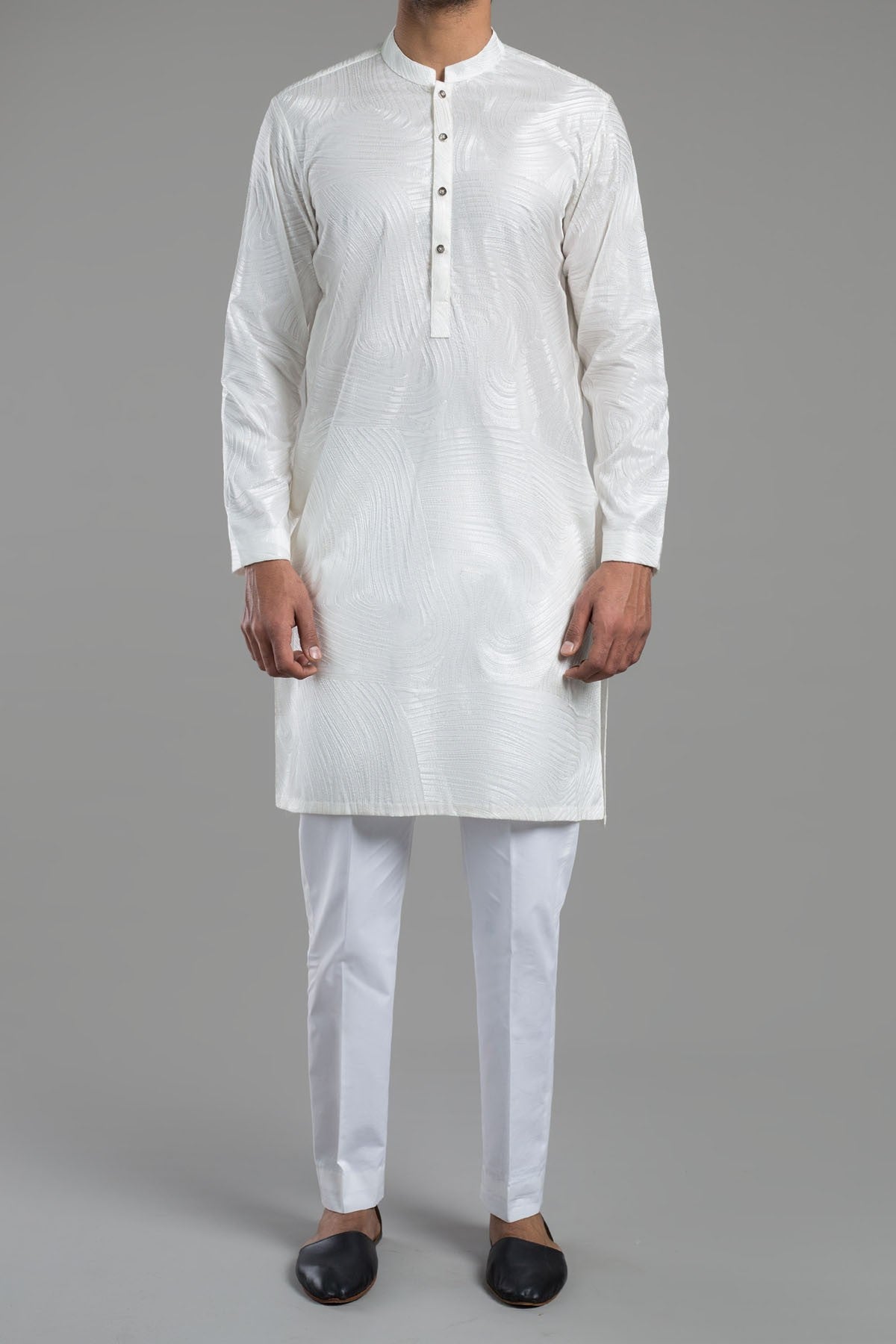 White Embroidered Egyptian Cotton Short Kurta (1-Pc) - Image 1