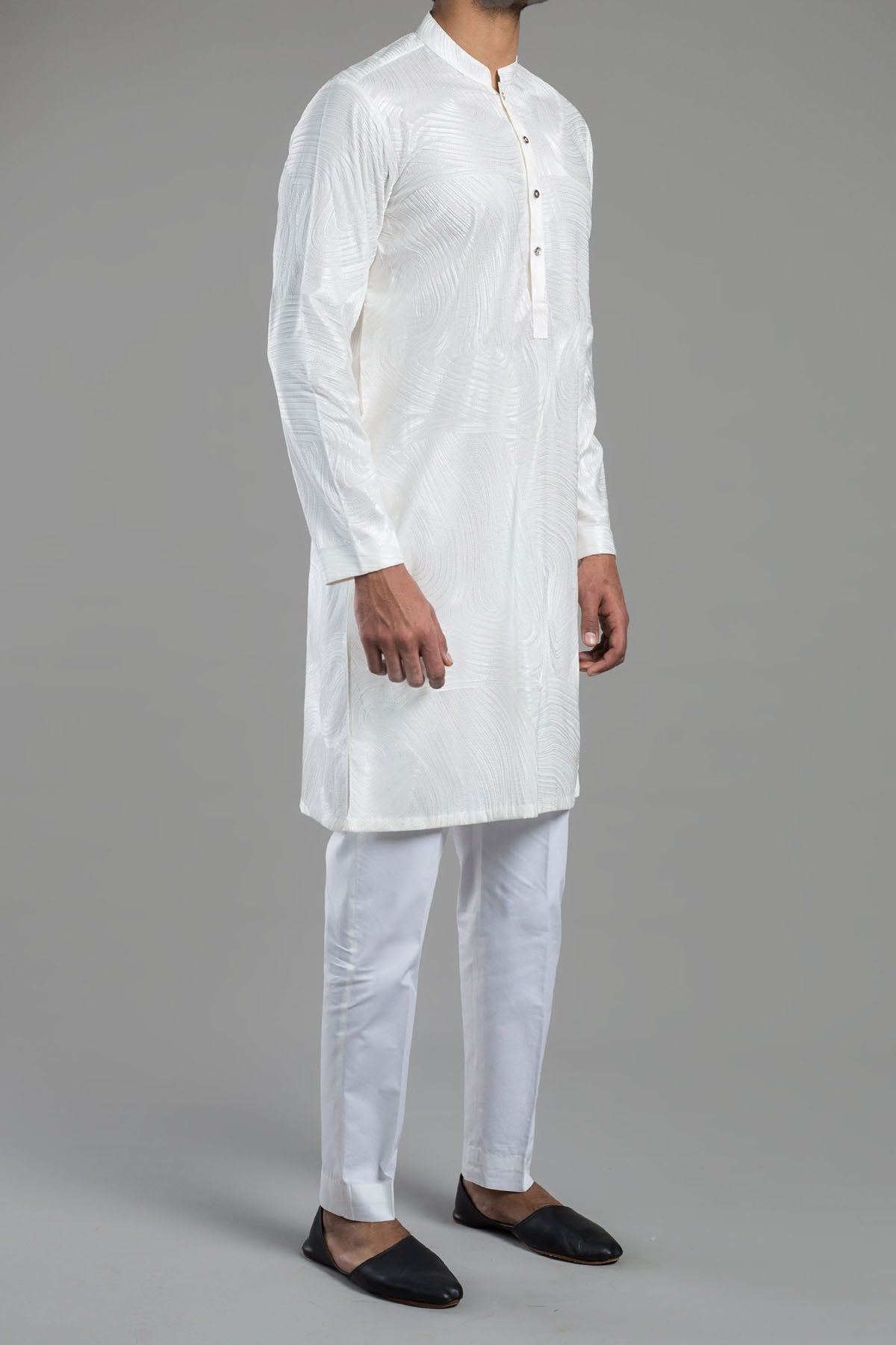 White Embroidered Egyptian Cotton Short Kurta (1-Pc) - Image 3