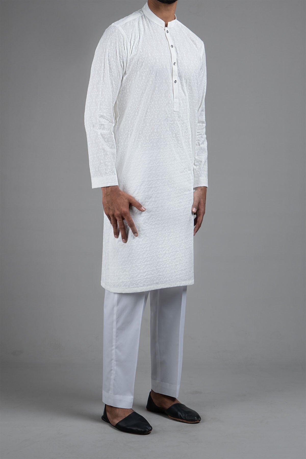 White Embroidered Egyptian Cotton Kurta (2-Piece) - Image 3