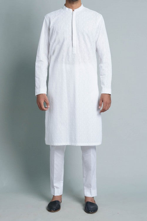 White Embroidered Egyptian Cotton Kurta (2-Piece) - Image 1