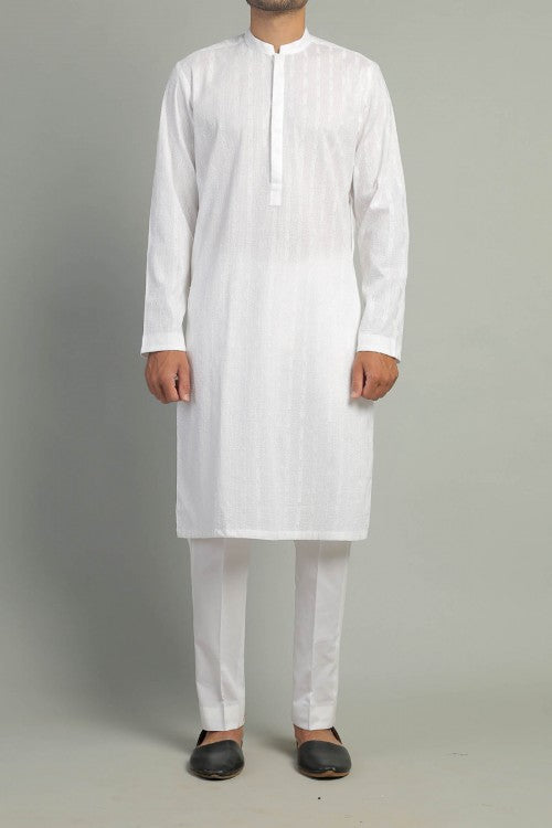 White Embroidered Egyptian Cotton Kurta (1-Pc) - Image 1