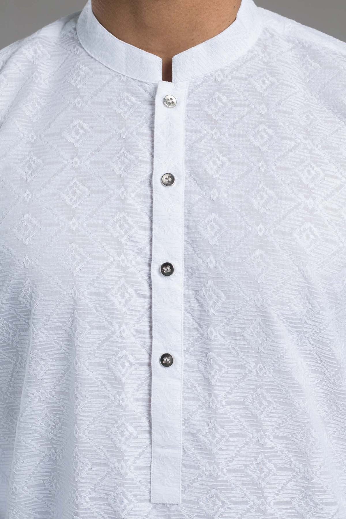 White Embroidered Egyptian Cotton Kurta (1-Pc) - Image 1