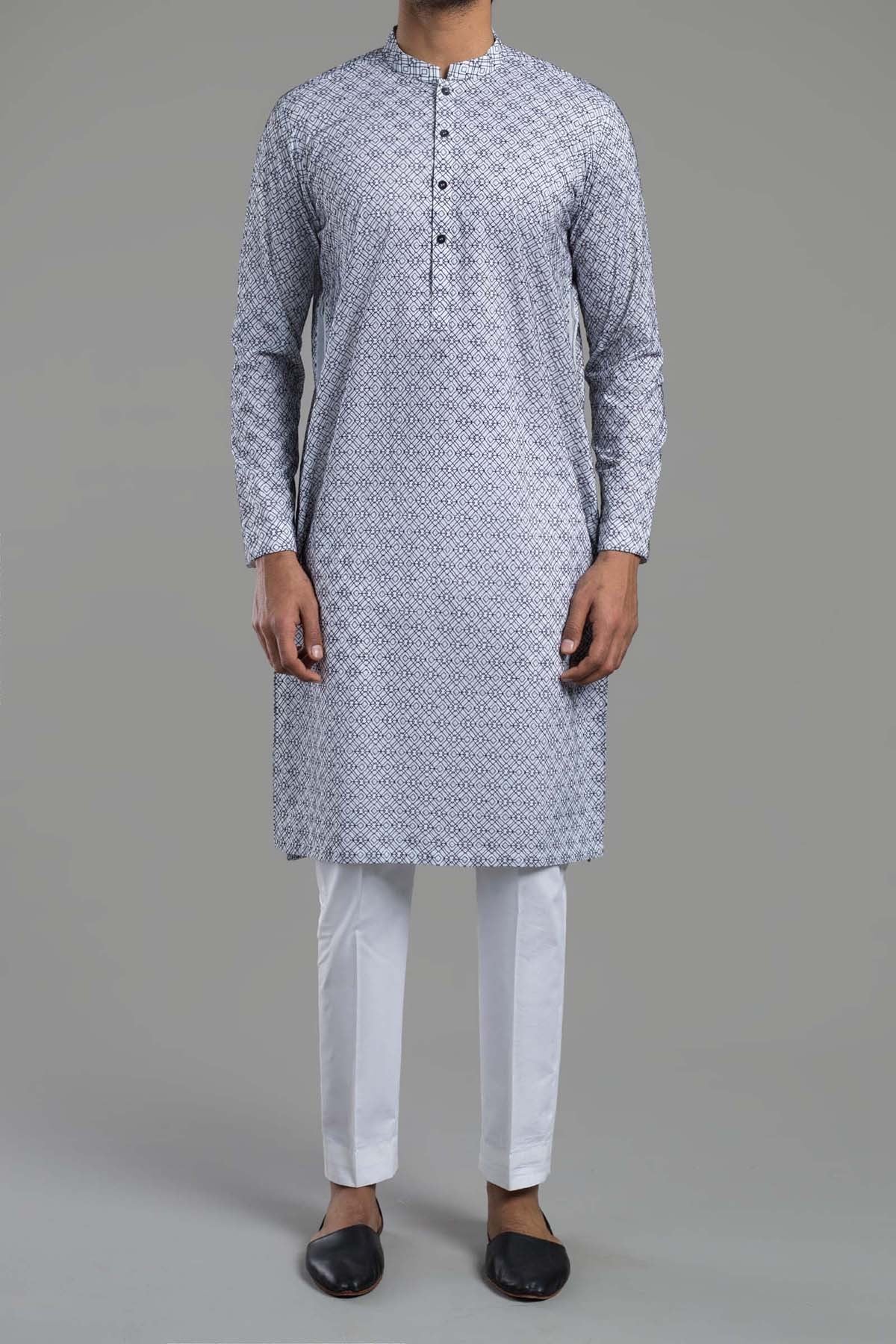 White and Black Embroidered Egyptian Cotton Kurta (2-Piece) - Image 1